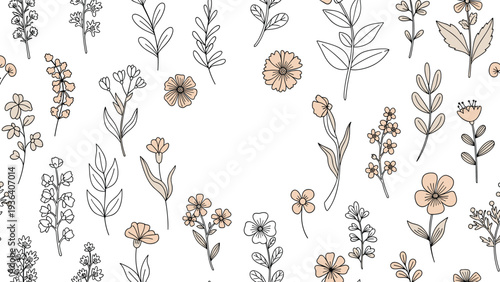 Beautiful seamless pattern of hand-drawn wildflowers and herbs in soft neutral colors on a clean white background for botanical themes.