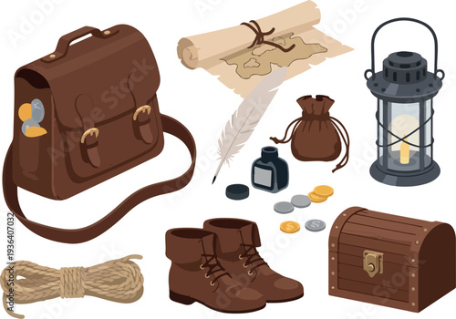 Assorted adventure accessories including a leather satchel, boots, and lantern displayed together