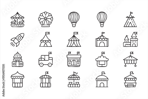 Modern Carnival Attraction Icons Featuring Ferris Wheel and Circus Tents