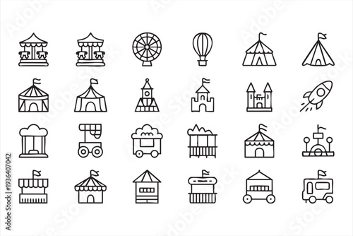 Minimal Outline Amusement Park Ride Icons for Event and Recreation Graphics
