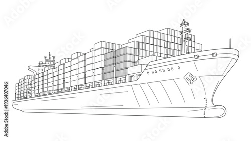 Detailed line art drawing of a massive container ship loaded with cargo, ideal for maritime, logistics, and global trade illustrations.