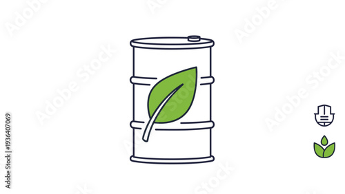 Environmental concept illustration of a metal oil drum featuring a green leaf, symbolizing biofuels, eco-friendly energy, and conservation.