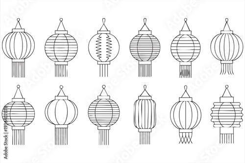 Minimal Chinese Lantern Festival Line Icon Set for Asian Holiday Decoration