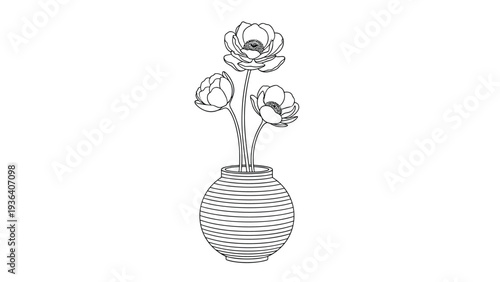 Minimalist line art illustration of a round vase holding three blooming flowers, perfect for simple and modern home decor or logo design.