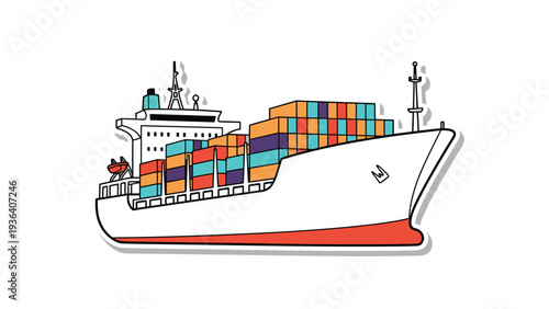 Colorful illustration of a large cargo vessel carrying stacked containers, representing international shipping, logistics, and trade.