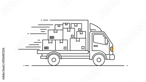 Line art illustration of a fast-moving delivery truck loaded with several cardboard boxes, perfect for logistics and shipping themes.