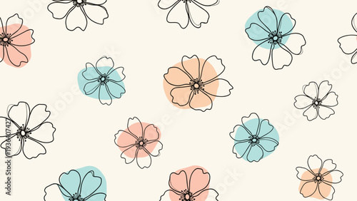 Artistic seamless floral pattern with thin line drawings of flowers and soft colored circles in blue and pink on a cream background.