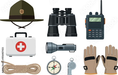 Outdoor adventure essentials, including hat, binoculars, and first aid kit, displayed against a clean backdrop, viewed from directly above.