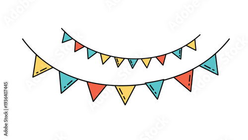 Colorful bunting flags hanging in two rows for celebration and party decoration on a white background with simple black lines.