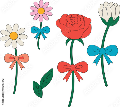 Hand drawn colorful flower vector collection with various rose and daisy blossom shapes and decorative bow elements