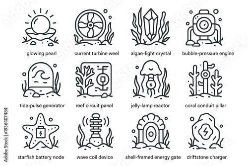 Underwater Energy Icon Set. Dreamy underwater energy sources. Line outline icon set of dreamy underwater