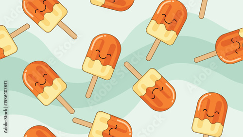 Seamless pattern of cute smiling orange popsicles on a wavy light green and blue background for cheerful summer-themed designs.