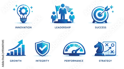 Business Leadership and Professional Growth Icon Set, Corporate Strategy, Global Success, Innovation, and Performance Blue Flat Vector Icons for Financial Marketing