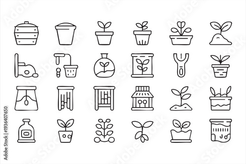 Modern Gardening Icons Featuring Seedlings, Pots and Soil Preparation