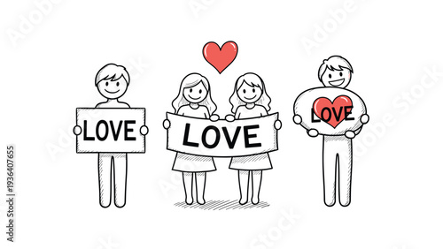 Group of stick figures holding signs and banners with the word love and heart symbols in a simple drawing on a white background.