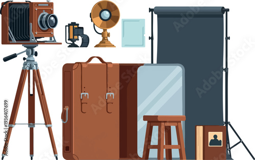 Photography equipment and studio setup with camera, lights, and props on a simple background