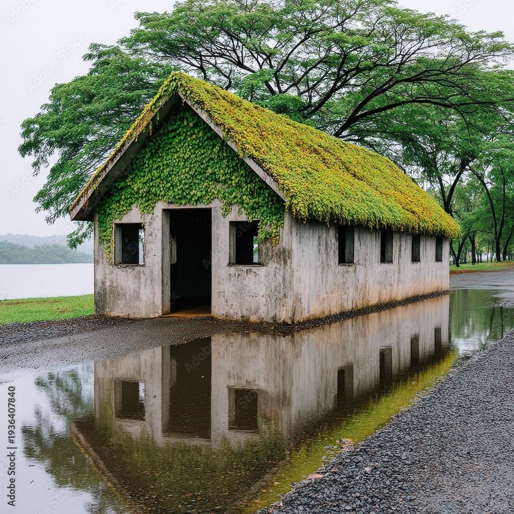 Fototapeta premium Quaint Cabin Coated in Vines Beside Water Puddle After Rainfall With Pebbles