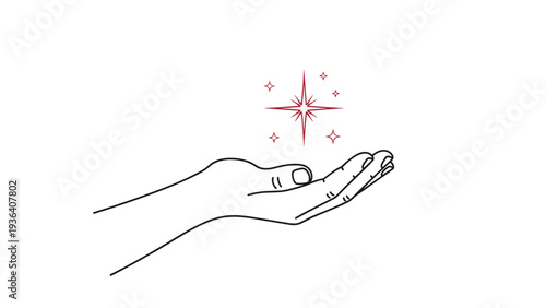 Human hand outline reaching out toward a group of red glowing stars and sparkles on a white background for inspiration concepts.