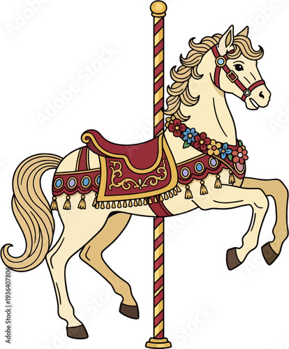 Charming Cartoon Carousel Horse with Floral Red Saddle, Tassels, Beads and Striped Golden Pole Merry Go Round Amusement Vector Illustration