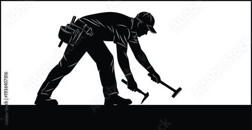 Black silhouette of professional roofer contractor using tools to repair or install material on a roof isolated on white background,