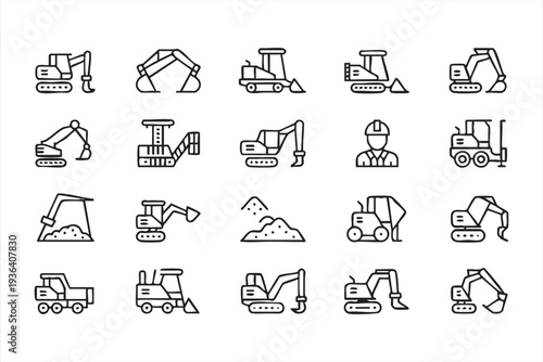 Excavator Bulldozer and Dump Truck Outline Icons for Construction Industry