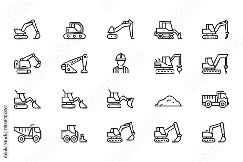 Construction Vehicle Vector Icons Featuring Excavators and Loaders