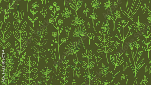 Dense seamless pattern of hand-drawn green floral and plant outlines on a dark olive green background for nature and garden art.