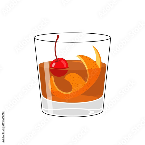 Old Fashioned Cocktail with Orange Peel and Cherry in Glass