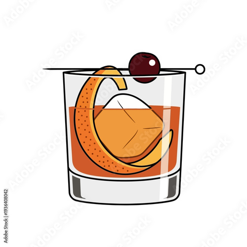 Old Fashioned Cocktail with Orange Peel and Cherry on Ice in Glass