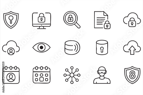Minimal Cybersecurity and Data Protection Line Icon Set for Cloud Security