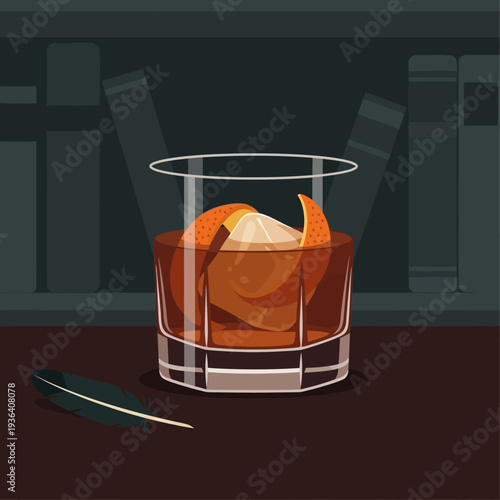 Old Fashioned Cocktail with Orange Peel and Feather Pen on a Desk with Bookshelf Background