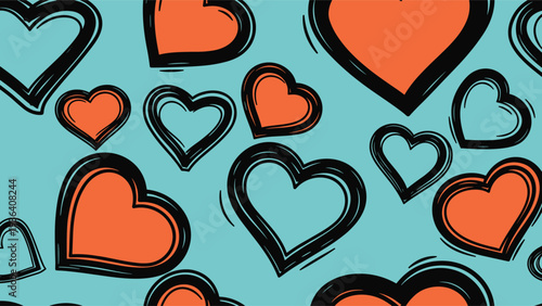 Vibrant seamless pattern showcases various sizes of orange and black outlined hearts scattered across a refreshing teal blue background for love.