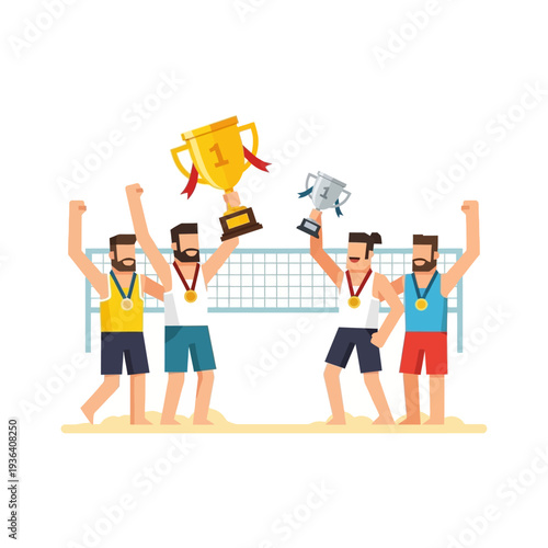 Beach volleyball team celebrates victory with trophies and medals