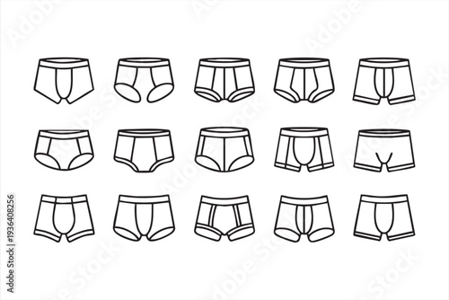 Modern male underwear boxer brief outline icon set isolated for clothing catalog and retail branding
