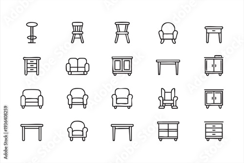 Minimal furniture line icon collection with chair sofa table cabinet and stool for interior design graphics and UI projects