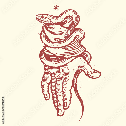 Vintage style vector graphic illustration depicting a hand tightly wrapped by a coiled serpent or snake beneath a small asterisk symbol