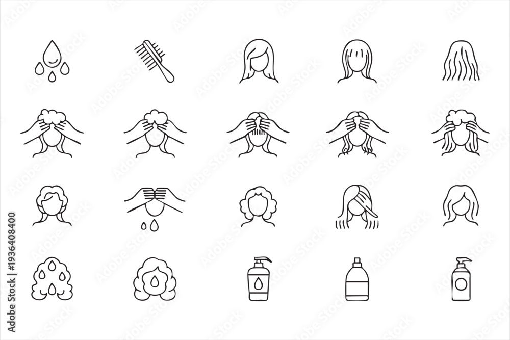 Fototapeta premium Modern hair care outline icon collection featuring woman hair washing shampoo bottle comb and foam symbols