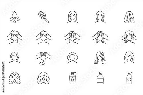Modern hair care outline icon collection featuring woman hair washing shampoo bottle comb and foam symbols