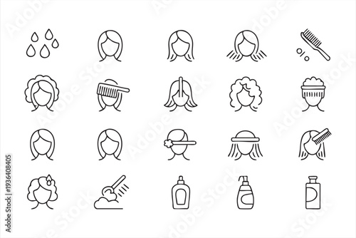 Simple beauty and hair hygiene line icon set with shampoo conditioner comb and washing routine for cosmetic design