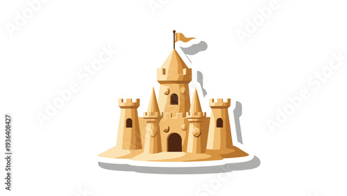 Detailed illustration of a sandcastle with towers and flags is presented as a sticker icon for summer vacation, beach travel, and childhood fun.