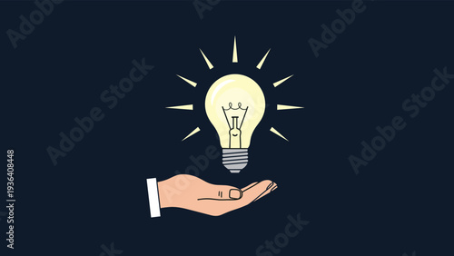 Human hand reaching out toward a glowing yellow lightbulb on a dark blue background symbolizes creativity, inspiration, and bright new ideas.