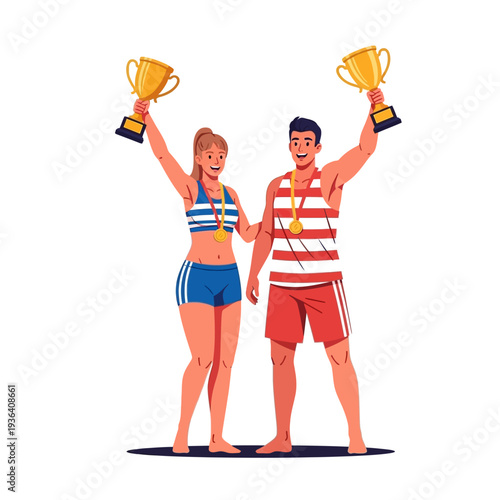 Happy Couple Celebrating Victory with Trophies and Medals