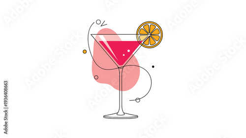 Stylized pink cocktail in a martini glass garnished with an orange slice and artistic swirls on an abstract background.