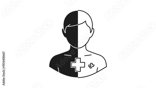 Human silhouette split into black and white halves with a medical cross symbol representing health and medical identity.