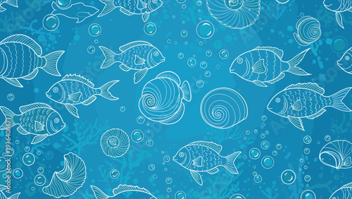 Rich blue background serves as a canvas for a detailed seamless pattern of white line art fish, seashells, and coral reef elements for ocean.