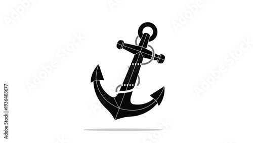 Solid black anchor icon with a white rope detail and a subtle shadow below it representing various sea and marine themes.