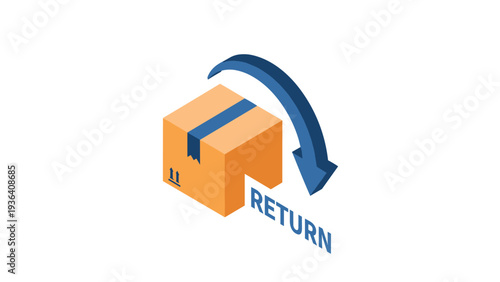 Isometric illustration of a cardboard shipping box with a blue return arrow pointing back represents e-commerce returns and logistics services.