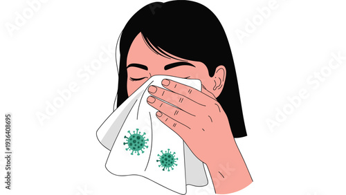 Graphic illustration of a woman using a tissue to blow her nose with green virus icons representing illness or allergy.