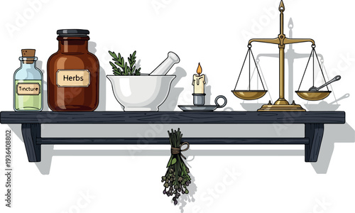 Assorted apothecary items and herbs displayed on a shelf with precision scales and various containers