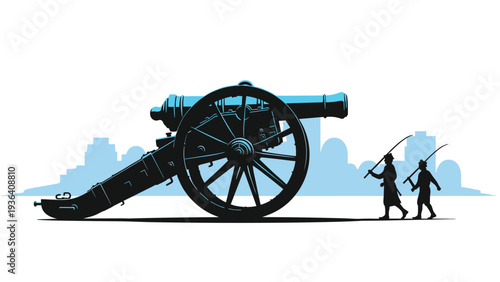 Silhouette of a large historic cannon on wheels with two soldiers walking in the background against a city skyline.